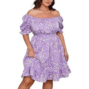Women's Plus Size Square Neck Printing Smocked Dress Ruffled Cap Sleeves Dress A Line Maxi Formal Dress - 1 of 4