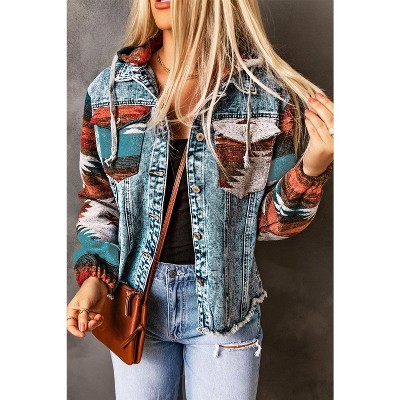 I AM A FASHION JUNKY Multicolor Geometric Print Frayed Hem Denim Jacket