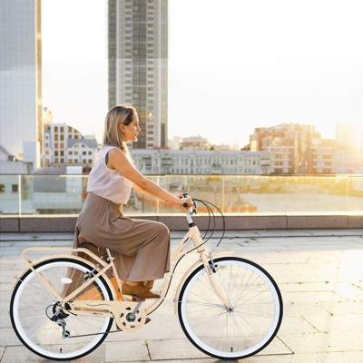Aukfa Women's Beach Cruiser Bike 24 Inch ， 7 Speed with Dual V Brakes and Adjustable Seat, Adult City Bike