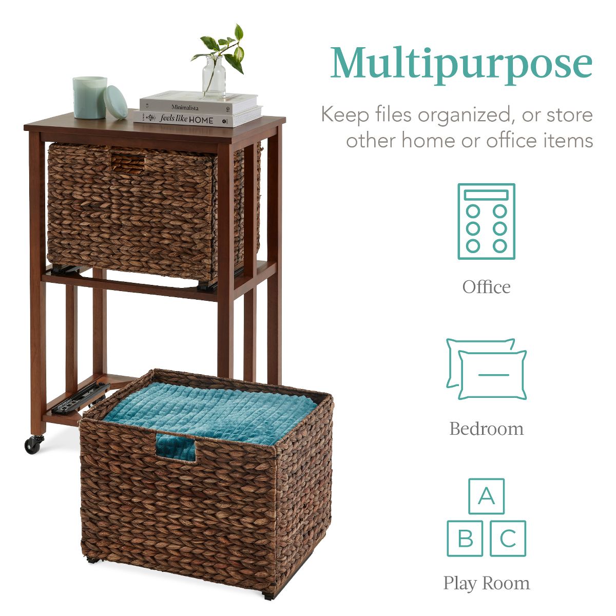 Best Choice Products Vertical Rolling File Cabinet for Home, Office w/ Rubberwood Frame, Locking Caster Wheels - Natural - thumbnail 4