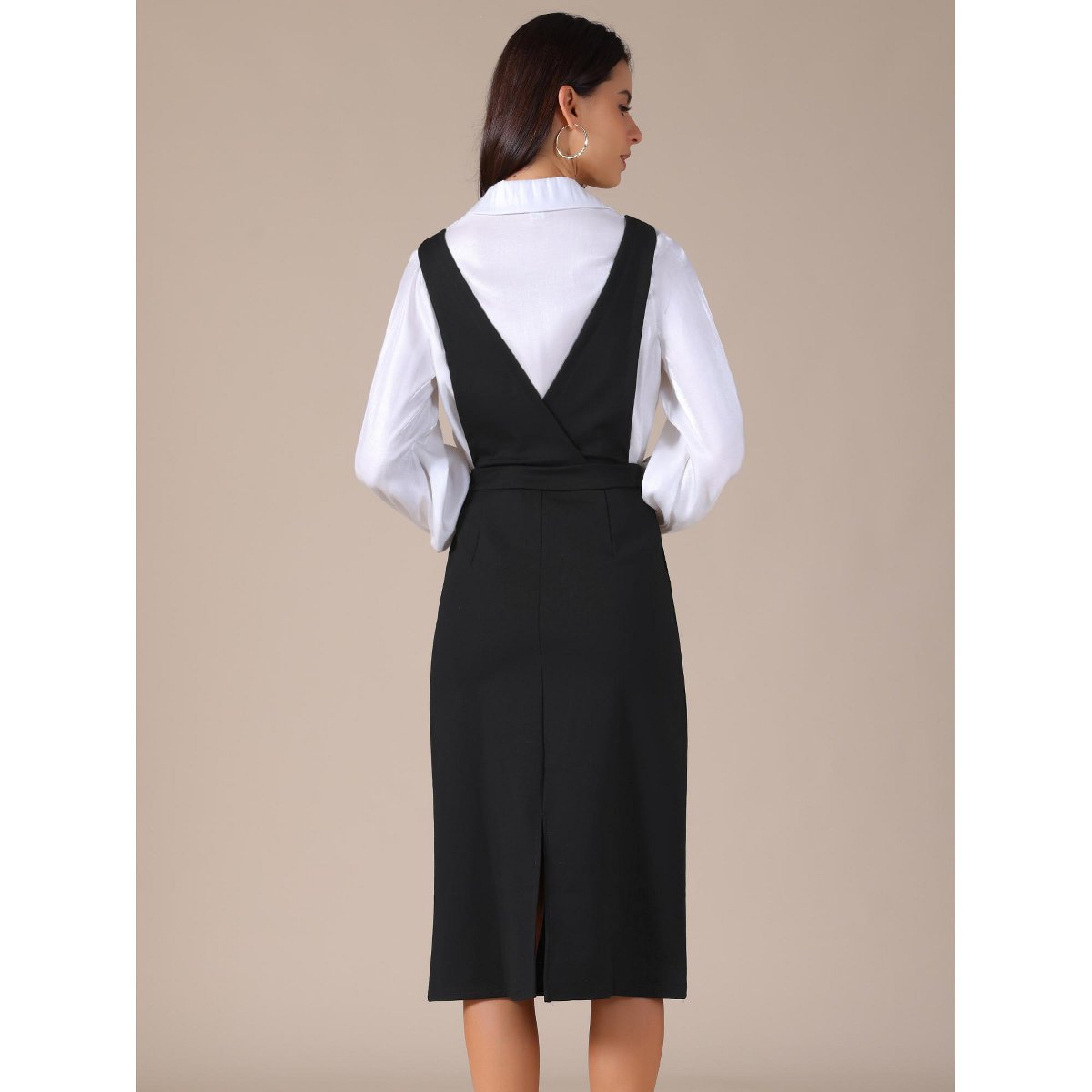 Женские платья INSPIRE CHIC Women's Pinafore Stretchy Sleeveless V Neck A-Line Jumper Dresses with Pockets X-Small Black — фото 4