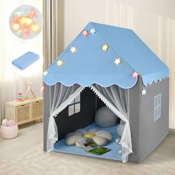 Costway Kids Playhouse Tent Large Castle Fairy Tent Gift w/Star Lights Mat Blue