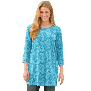 Woman Within Plus Size Perfect Printed Three-Quarter-Sleeve Scoopneck Tunic - 1 of 4