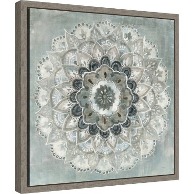 Sunburst Mandala 16" Grey and Blue Framed Canvas Art