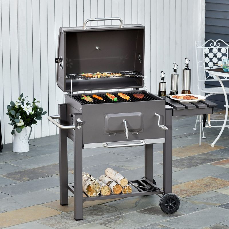 Outsunny Charcoal BBQ Grill, Outdoor Portable Cooker for Camping or Backyard Picnic with Side Table, Bottom Storage Shelf, Wheels and Handle, 3 of 7
