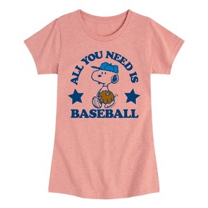Girls' - Peanuts - Snoopy All You Need Is Baseball Fitted Short Sleeve Graphic T-Shirt - 1 of 4
