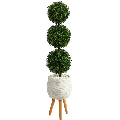 Nearly Natural 51-in Boxwood Triple Ball Topiary Artificial Tree in White Planter with Stand (Indoor/Outdoor)