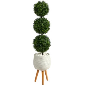 Nearly Natural 51-in Boxwood Triple Ball Topiary Artificial Tree in White Planter with Stand (Indoor/Outdoor) - 1 of 4