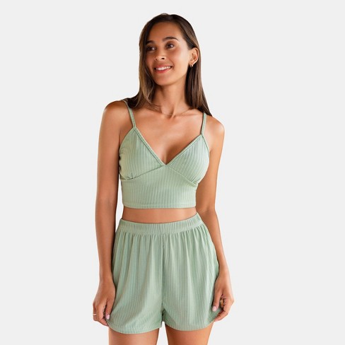 Women's Jersey V-neck Cropped Cami & Shorts Pajama Set - Cupshe-S-Green