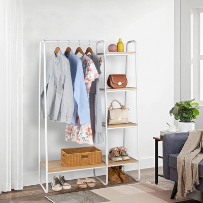 KTMBDW Garment Rack with 5 Shelves, Clothes Rack with Hanging Bar, Open Wardrobe for Hanging Clothes and Storage, Free Standing Closet Organizer