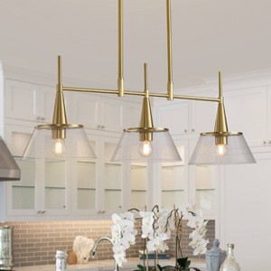 Modern 3-Light Linear Chandelier for Dining Room, 34.25in Brass Finish Kitchen  Island Pendant Light with Seeded Glass Shade - 1 of 4