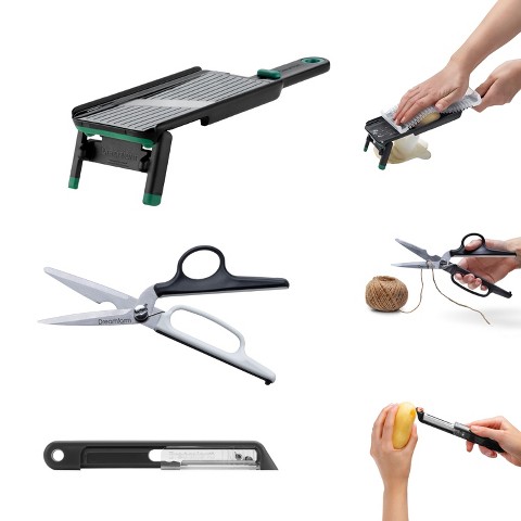 Dreamfarm Kitchen Cutting/Slicing Set– Nocutu, Bishears, Sharple– Mandoline w/ Flexible Finger Guard 2-in-1 Scissors & Bone Cutter Herb Stripping
