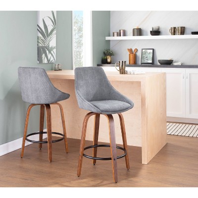 Modern Swivel Corduroy Gray Counter Stools with Walnut Wood Legs - Set of 2