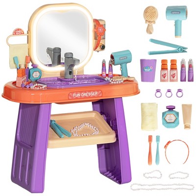 Qaba Kids Vanity Set, Toddler Makeup Table with Mirror, LED Light, Music, 23 Accessories, Pretend Play Set for Girls 3-6 Years