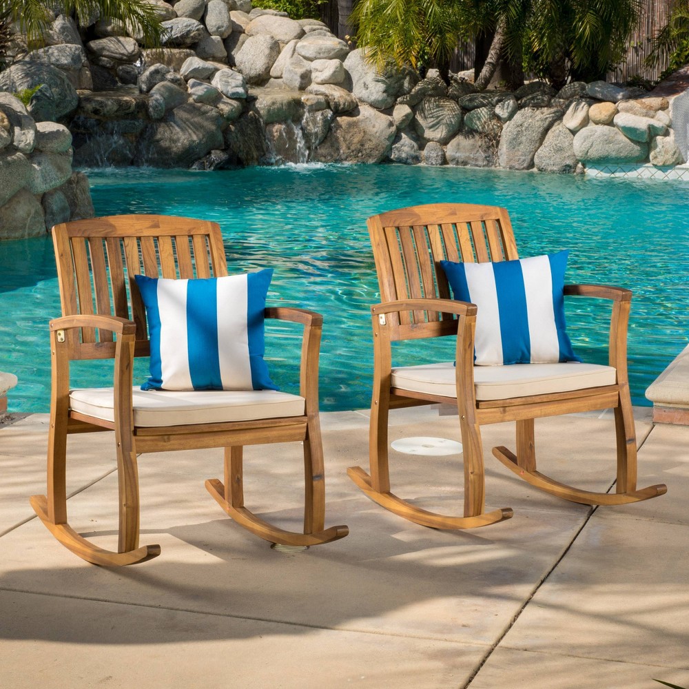 Selma 2pk Acacia Wood Rocking Chair - Teak/White - Christopher Knight Home: Weather-Resistant Patio Furniture