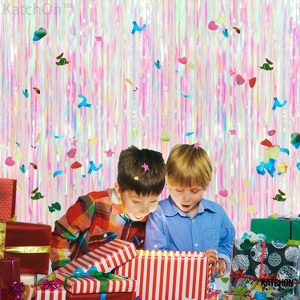 KatchOn, XtraLarge Foil Iridescent Backdrop Curtain - 3.2x8 Feet, Pack of 2 | Pink Tinsel Curtain Backdrop, Galentines Day Decorations - 1 of 4