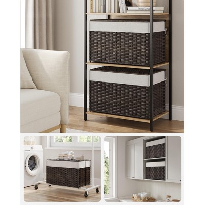 Large Brown Woven Plastic Storage Basket with Lid and Handles