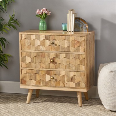 SKRAN Mid-Century Modern Mango Wood 3 Drawer Chest, 3D Tile Weave Design, Drawer with Splayed Legs and wood Frame for Living Room, Bedroom- Natural