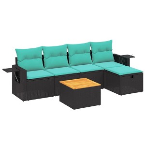 vidaXL 6 Piece Patio Sofa Set with Cushions Black Poly Rattan - Black without storage - 1 of 4