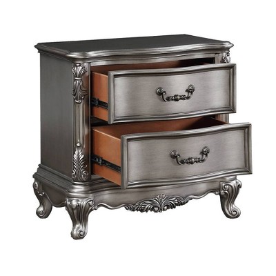 Antique Platinum 2-Drawer Nightstand with Intricate Carvings