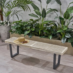 Lyngins Modern Rustic Outdoor Bench, Acacia Wood Outdoor Dining Bench, Closed Black Iron Legs, Slatted Surface, Patio Bench/Garden Bench for Backyard - 1 of 4