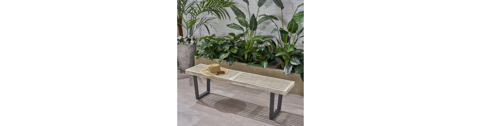 Lyngins Modern Rustic Outdoor Bench, Acacia Wood Outdoor Dining Bench, Closed Black Iron Legs, Slatted Surface, Patio Bench/Garden Bench, Gray