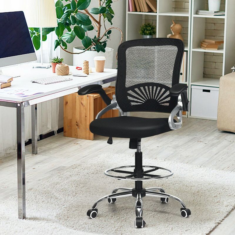 Costway Mesh Drafting Chair Mid Back Office Chair Adjustable Height Flip-Up Arm Black, 5 of 11