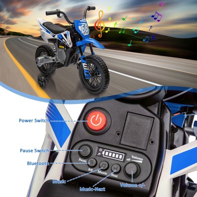 12V Blue and White Electric Motorcycle for Kids with Training Wheels
