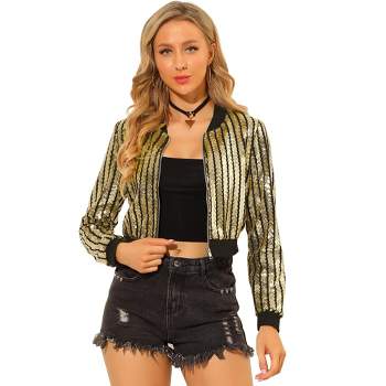 Allegra K Women's Glitter Sparkle Long Sleeve Front Zip Party Shiny Crop Bomber Sequin Jackets Gold S