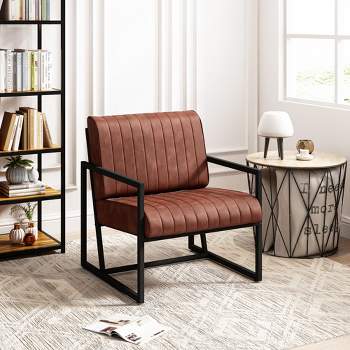 Modern and Stylish PU Leather Upholstered Armchair with Metal Frame, Brown - ModernLuxe