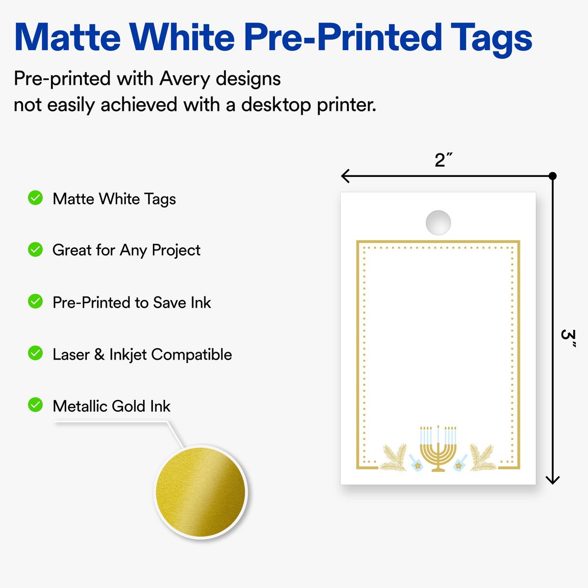 Avery® Tags, 2" x 3", Matte, Gold Menorah Frame, 160 - thumbnail 2