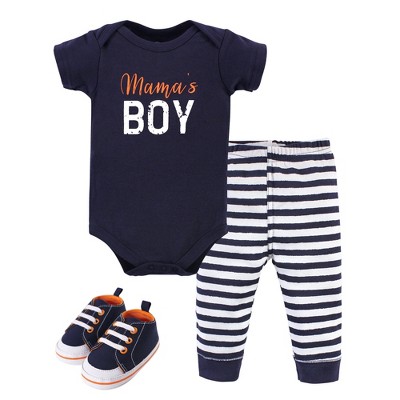 Little Treasure Baby Boy Cotton Bodysuit, Pant and Shoe 3pc Set, Mamas Boy, 3-6 Months