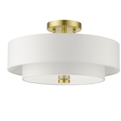Satin Brass Modern 3-Light Semi-Flush Drum Light with Off-White Shade