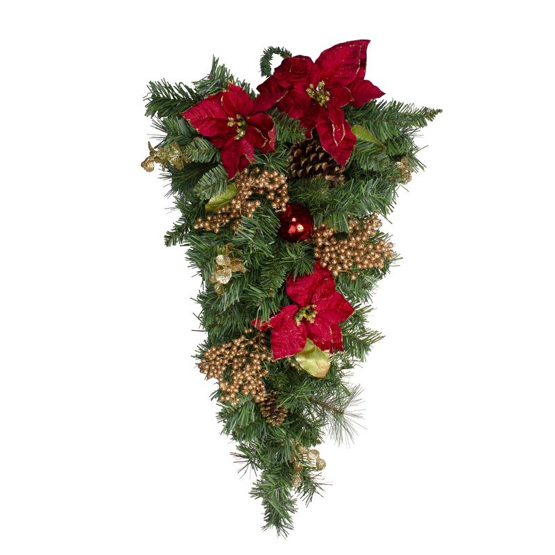 Northlight 32" Pine and Poinsettias Artificial Christmas Teardrop Swag - Unlit, 1 of 3
