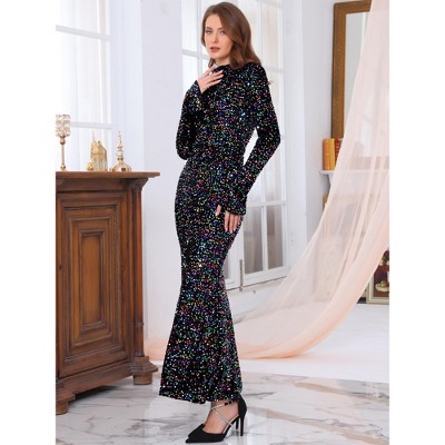Женские платья INSPIRE CHIC Women's Sequined Maxi Velvet Crewneck Long Sleeve Cocktail Evening Bodycon Dress Small Black — фото 2