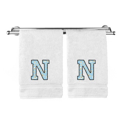 BC BARE COTTON Monogrammed Hand Towels, Personalized Gift, Set of 2 - Embroidered Writing with Light Blue