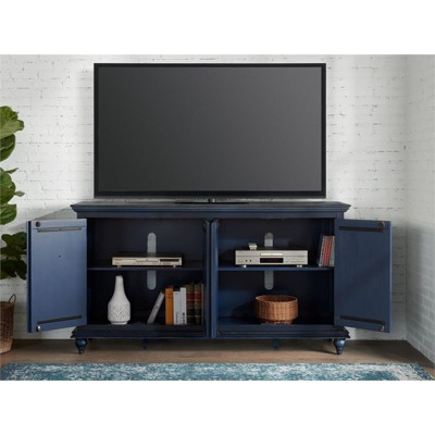 Rustic Blue 65" Solid Pine Wood TV Stand with Cabinet