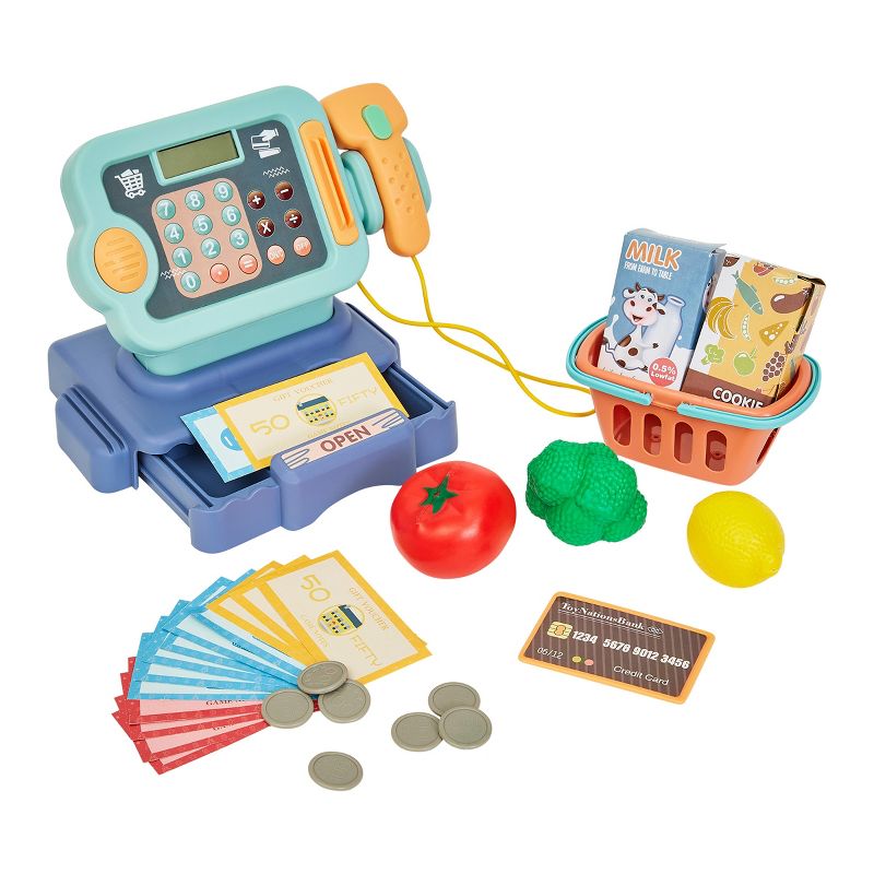 Toy Time Pretend Play Grocery Store Cash Register 30-Piece Playset - Blue, 1 of 9