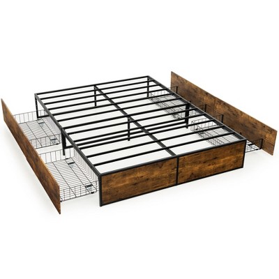Tangkula Queen Industrial Metal Platform Bed Frame with 4 Drawers Wooden Footboard