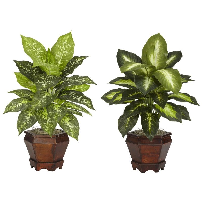Nearly Natural 20.5-in Dieffenbachia w/Wood Vase Silk Plant (Set of 2), 2 of 7