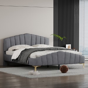 Queen Size Velvet Platform Bed with Stylish Stripe Decorated Bedboard and Elegant Metal Leg - ModernLuxe - 1 of 4