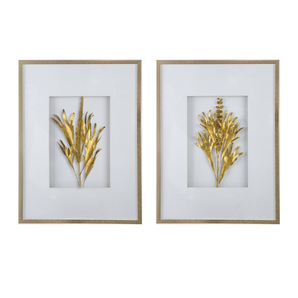 Photos - Wallpaper Set of 2 Botanical Leaves Wall Arts Gold - A&B Home: Transitional Style, V