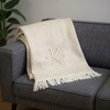 HomeRoots 55" X 70" Linen And White Herringbone Cotton Blend K Initial Throw Blanket with Tassels And Embroidery - 2 of 4
