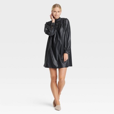 Women's Long Sleeve Faux Leather A-Line Dress - Who What Wear™ Black