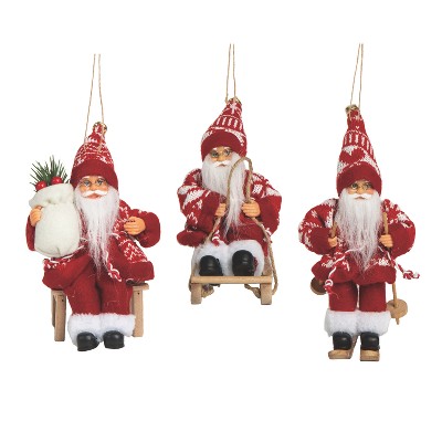 Transpac Fair Isle Santa Ornament Set of 3 Red Fabric Canvas Christmas Tree Decorations for Holiday Gift Giving