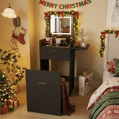 ELECWISH Vanity Set with Flip-top Mirror and Lights, Compact Mini Dressing Table with Fold-up Panel and Storage Chair