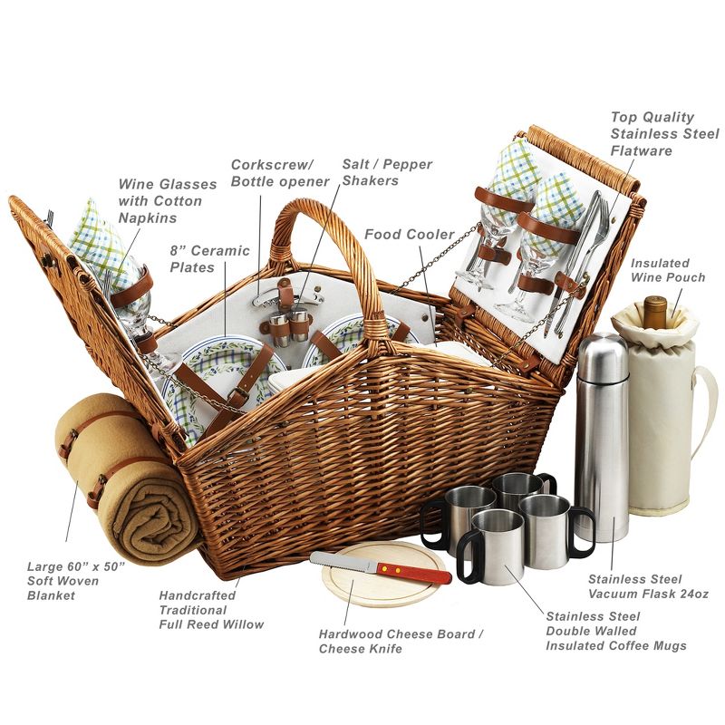 Picnic at Ascot Huntsman English- Style Willow Picnic Basket with Service for 4, Coffee Set and Blanket - Gazebo, 3 of 6