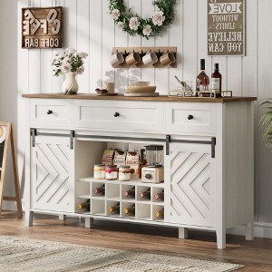 Farmhouse 59'' Buffet Cabinet with Storage, 33.4'' Tall Wood Rustic Sideboard with 3 Drawer, Adjustable Shelf and Removable Wine Rack - 1 of 4