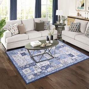 Washable Boho Area Rug for Living Room, Low Pile Vintage Plaid Carpet, Indoor Neutral Accent Rug for Bedroom or Home Office - 1 of 4