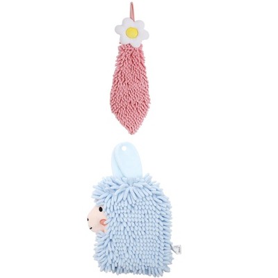 REGALWOVEN Soft Absorbent Flower Pattern and Sheep Pattern Chenille Hand Towel with Loop 6" x 15"/7" x 11" 2 Pcs